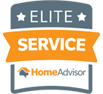 HomeAdvisor Elite Service badge featuring two stars, the word SERVICE in bold orange lettersβperfect for any general contractorβand the HomeAdvisor logo at the bottom.