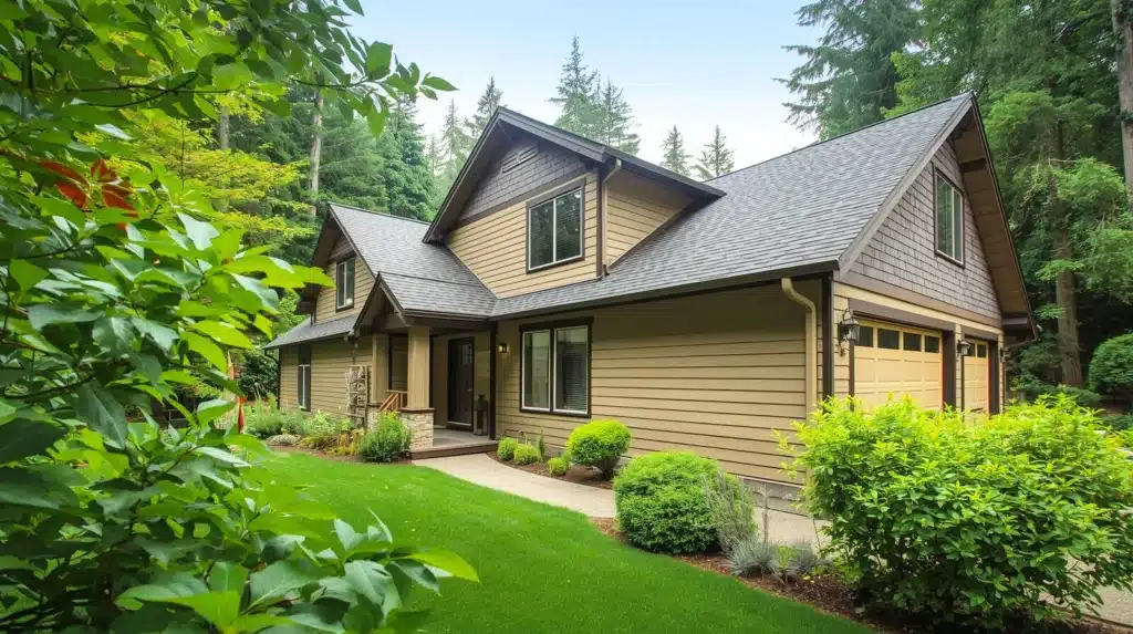 A modern two-story house with tan siding and dark trim, surrounded by lush green grass, manicured shrubs, and tall trees in a forested setting. A paved walkway leads to the front door.
