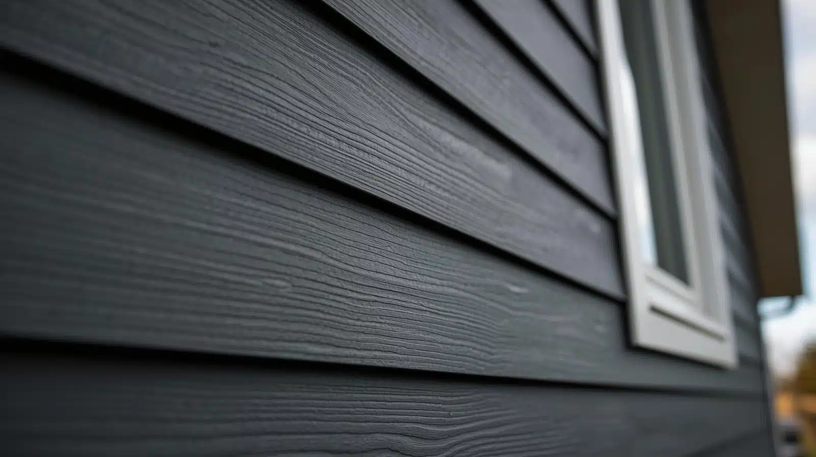 Close-up view of dark gray horizontal fiber cement siding on a house, with visible wood-like texture and a partially visible white-framed window on the right side.