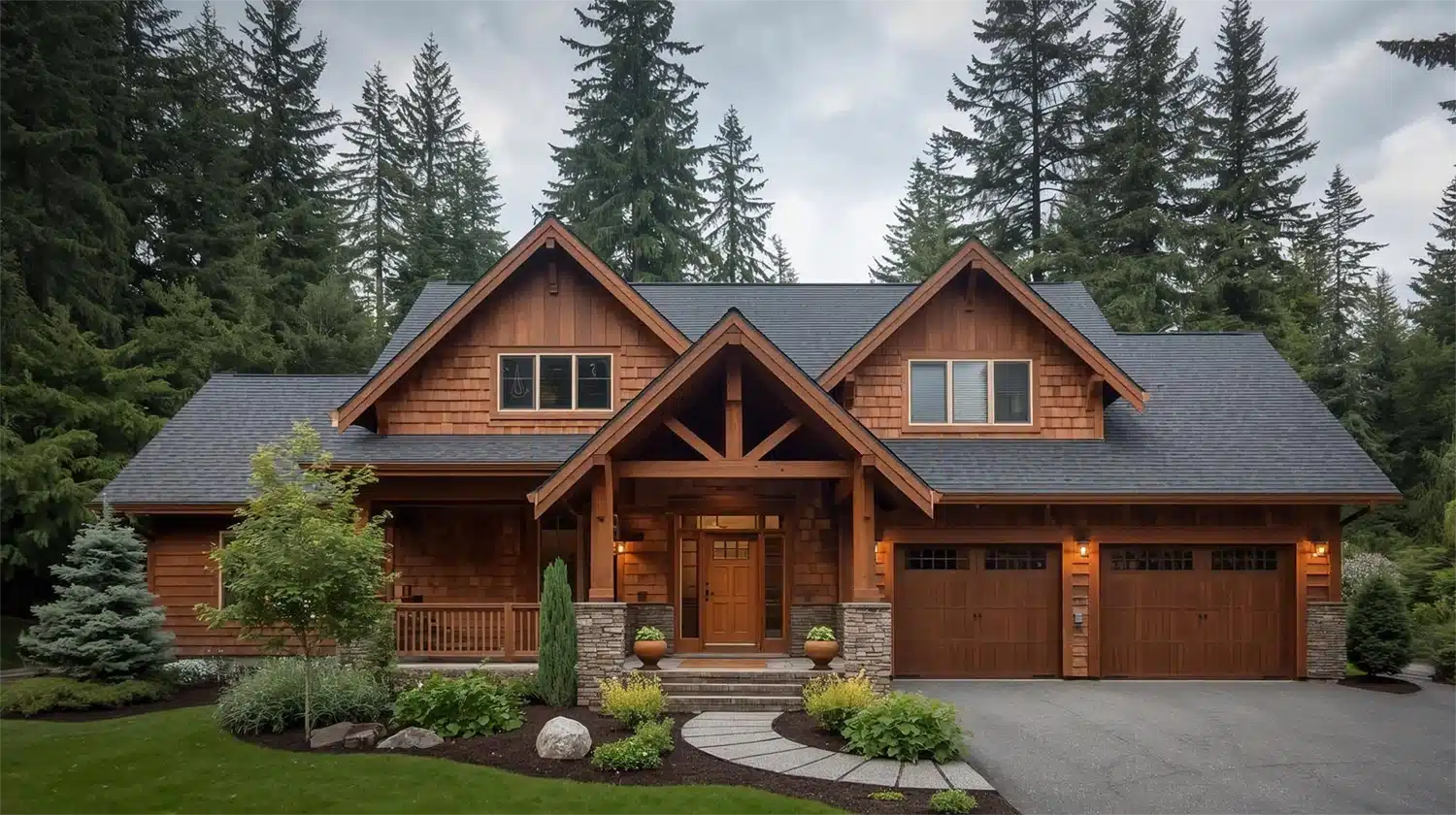 A large wooden house with a covered porch, gabled roof, and two-car garage sits surrounded by tall evergreen trees and landscaped shrubs on a cloudy day.