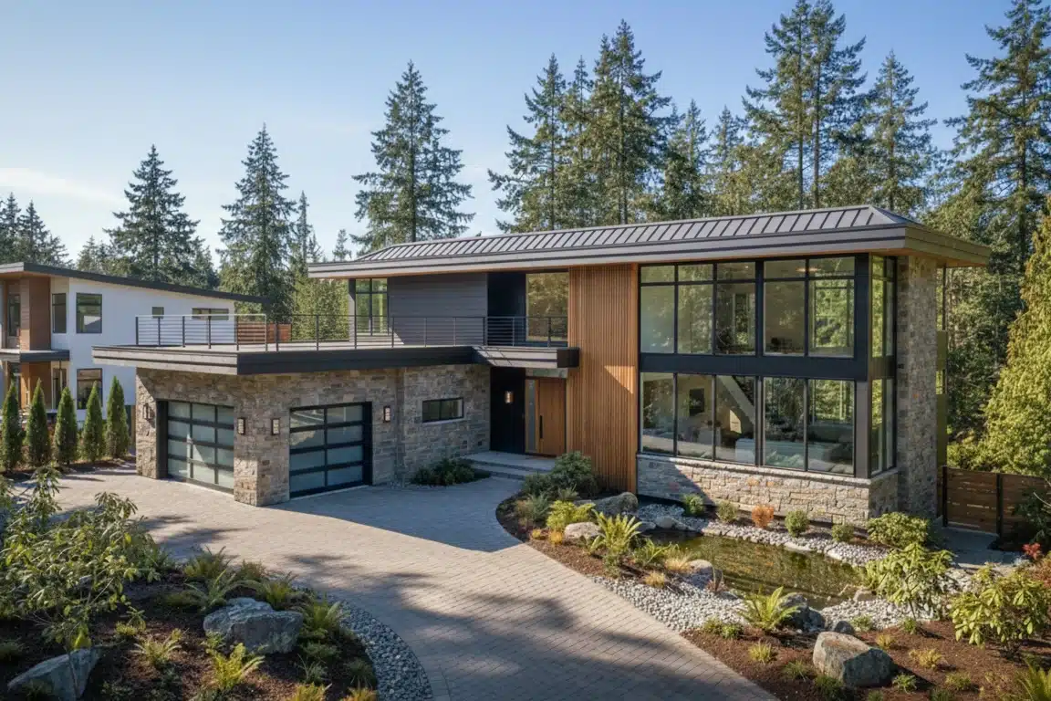 Modern two-story house with large glass windows, stone and wood exterior, a double garage, landscaped front yard, and surrounded by tall evergreen trees under a clear blue sky.