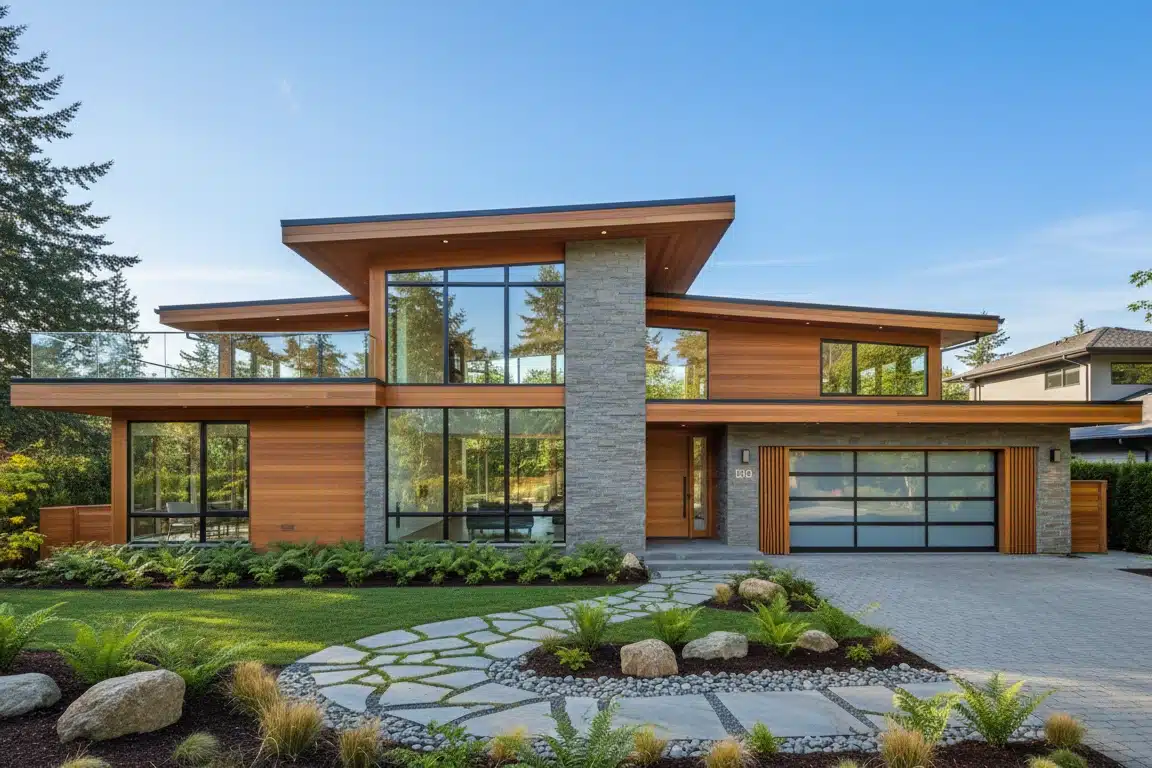 A modern two-story house with large glass windows, wood panel exterior, and a flat, angular roof. A stone column divides the facade. The front yard features a curved stone path, green lawn, and landscaping with rocks and plants.