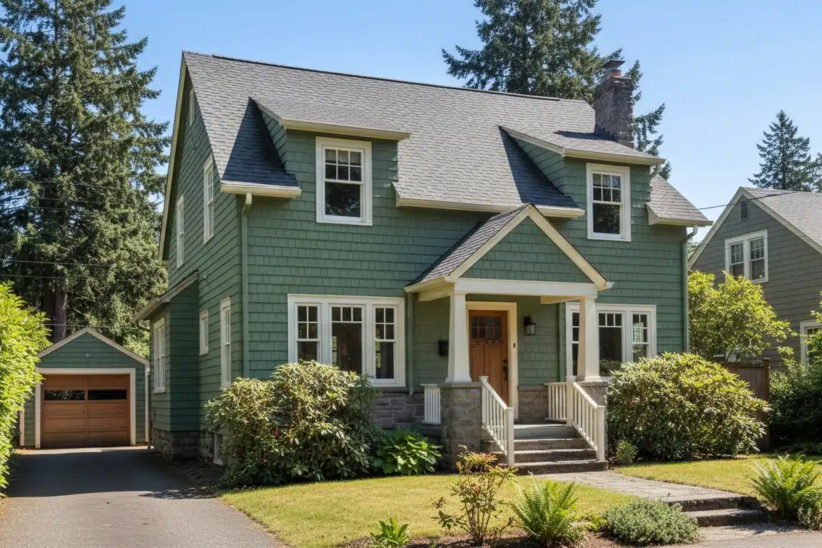 A two-story green house with white trim, a covered front porch, and stone foundation, surrounded by shrubs and trees, with a detached garage and driveway on the left side.