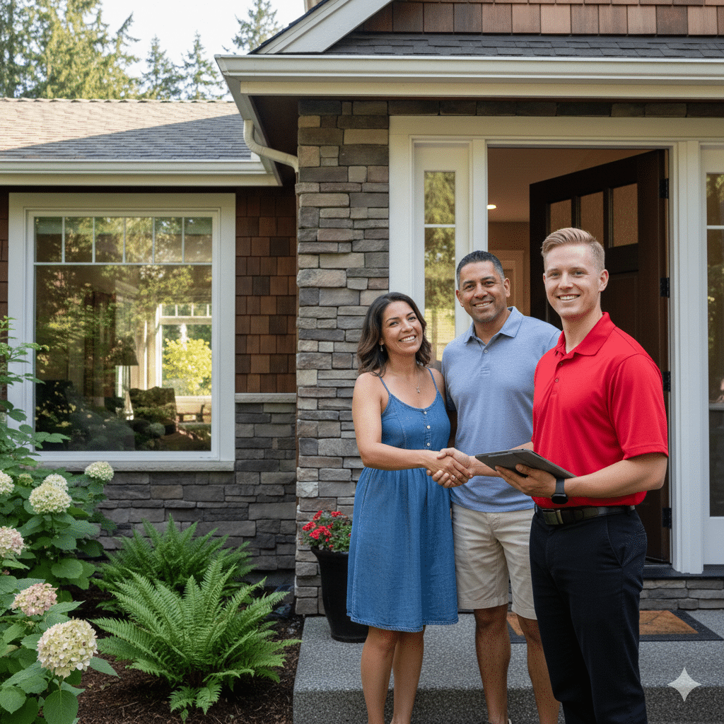 A smiling couple stands outside their home, shaking hands with a real estate agent in a red shirt who holds a tablet. The house has stone siding and a landscaped front yard with flowers and bushes.