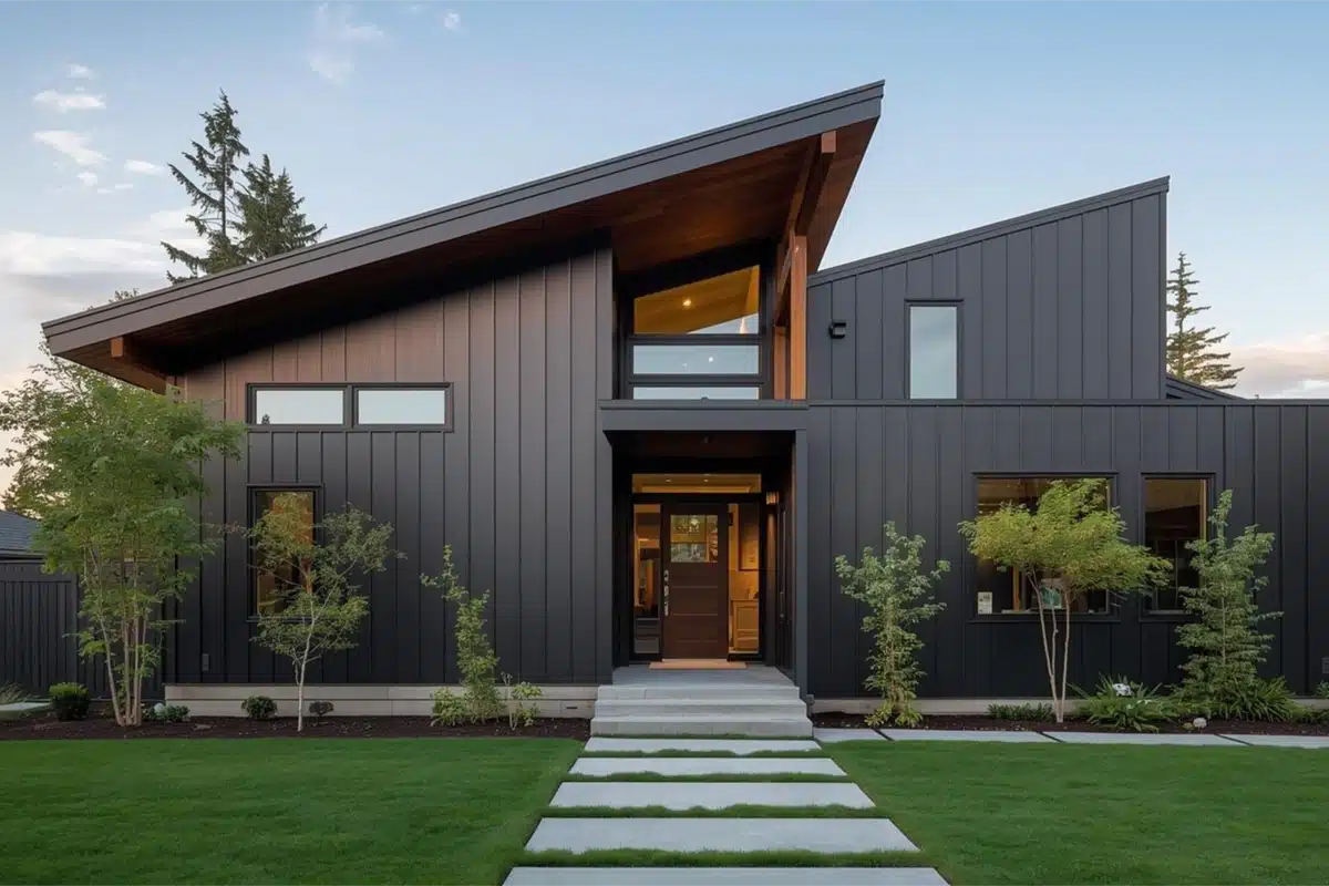 Modern house with dark gray metal siding, large windows, and sharp, angular rooflines. A concrete stepping stone path leads across a green lawn to the front entrance, surrounded by small trees and landscaping.